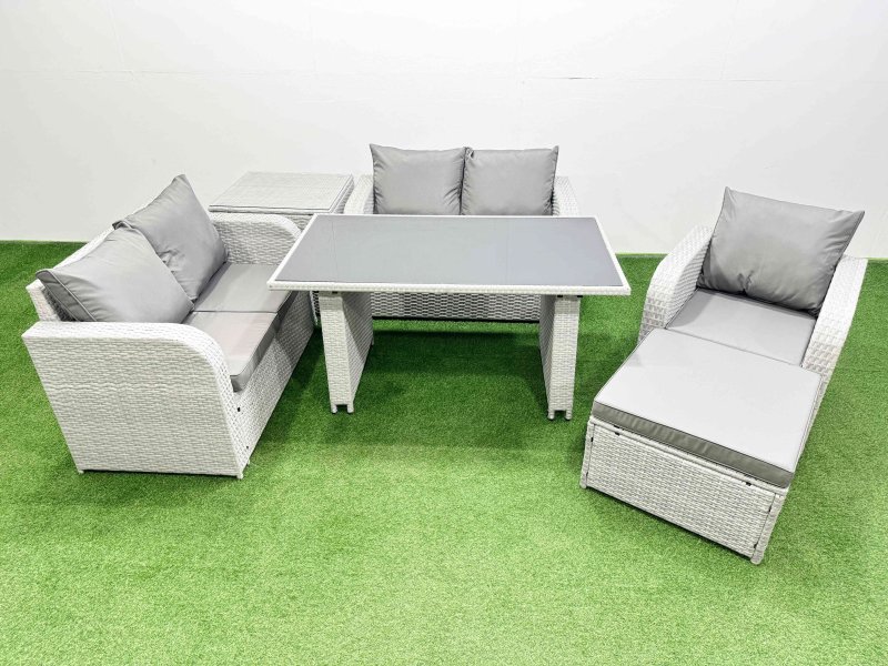 Fimous Rattan Sofa Outdoor Furniture with Dining Table,Side Table,Love Sofa,Big Stool Patio Furniture Light Grey 6 Seater