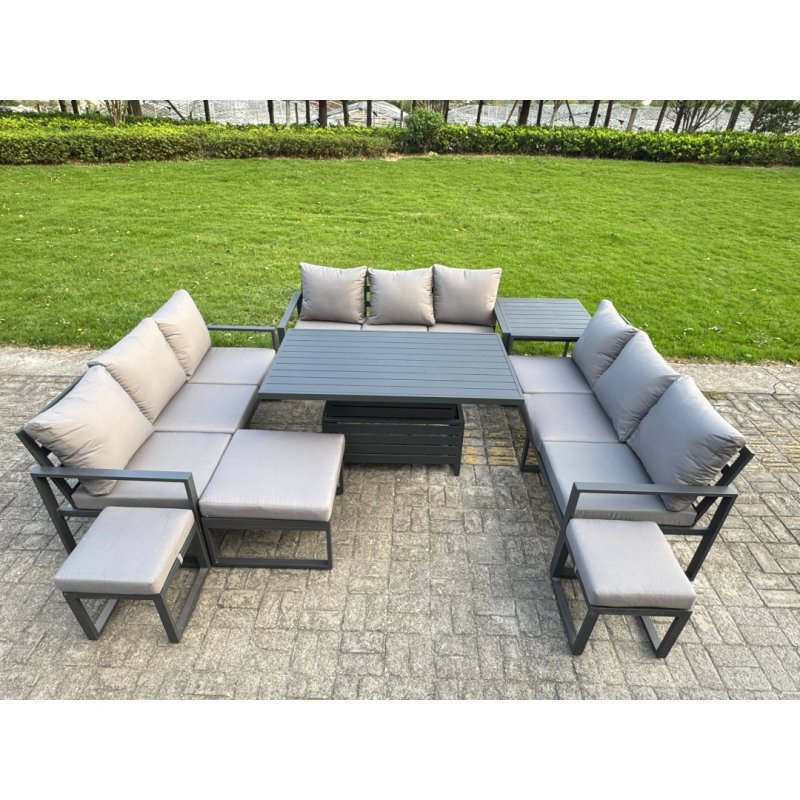 Fimous Aluminum Outdoor Patio Furniture Set Modern Patio Conversation Sets with Adjustable Rising Lifting Dining Table 3 Footstools Dark Grey