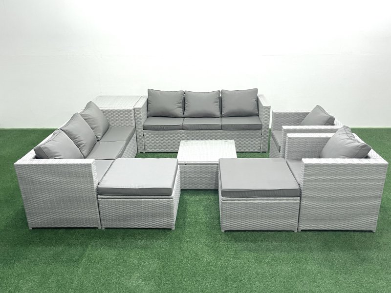 Fimous Outdoor Rattan Sofa Garden Furniture Set with 2 Armchairs Square Coffee Table 2 Big Footstools Side Table Light Grey Mixed
