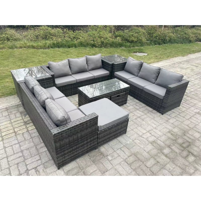 Fimous Outdoor Rattan Garden Furniture Lounge Sofa Set With Oblong Rectagular Coffee Table Big Footstool and 2 Small Stools 2 Side Table