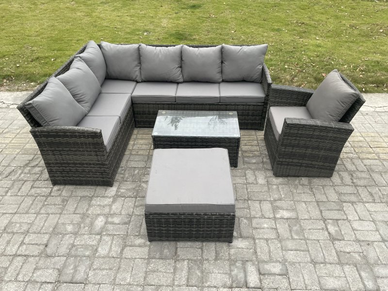 Fimous 8 Seater Rattan Lounge Corner Sofa Set Wicker PE Outdoor Garden Furniture Set with Coffee Table Big Footstool Armchair Dark Grey Mixed
