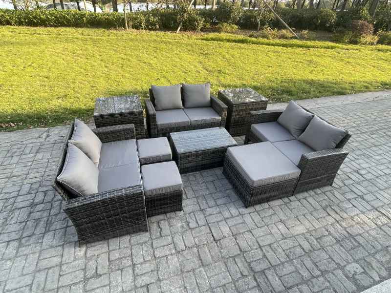 Fimous 9pc Rattan Sofa Garden Furniture Outdoor Patio Set with 2 Side Tables 3 Footstools Love Seat Sofa Dark Grey Mixed
