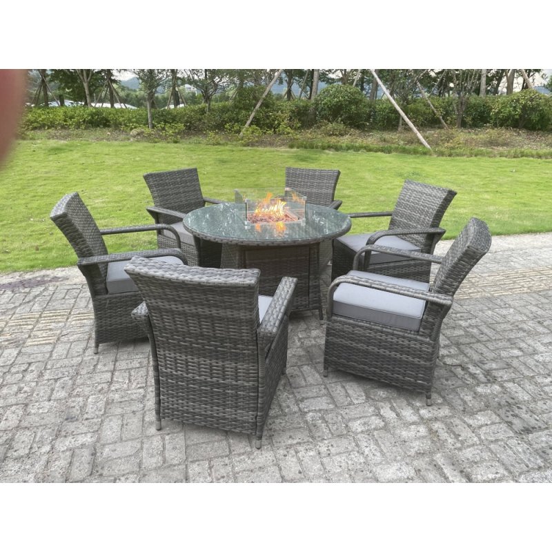 Fimous Rattan Garden Furniture Gas Fire Pit Rectangle Round Dining Table And Dining Chairs 6 Seater + Round Table