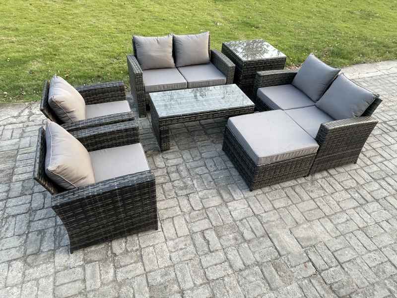Fimous 7 Seater Dark Grey Mixed High Back Rattan Sofa Set Coffee Table Garden Furniture Outdoor Patio With Love Sofa Arm Chairs Big footstool Side Table