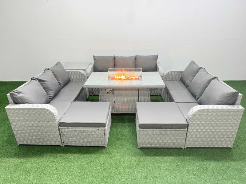 Fimous PE Rattan Lounge Sofa Set 11 Seater Outdoor Garden Furniture Set with Firepit Dining Table 3 Seater Sofa 2 Big Footstools Side Table Light Grey