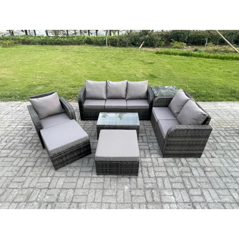 Fimous Outdoor Garden Furniture Sets 7 Pieces Wicker Rattan Furniture Sofa Sets with Rectangular Coffee Table Loveseat Sofa 2 Big Footstool Side Table
