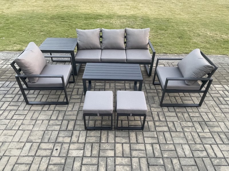 Fimous Aluminium Patio Outdoor Furniture Set 7 Seater Garden Sofa with Oblong Coffee Table 2 Small Footstools 2 Armchairs Side Table Dark Grey