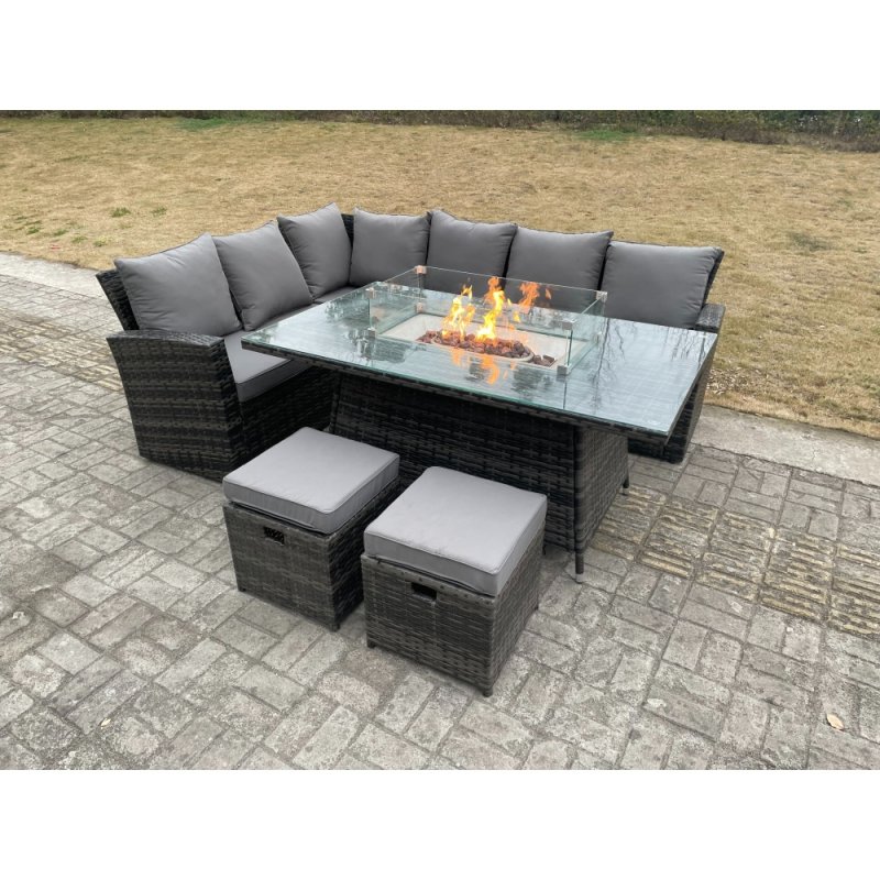 Fimous High Back Rattan Garden Furniture Sets Gas Fire Pit Dining Table Set Gas Heater Left Corner Sofa Small Footstools 8 Seater