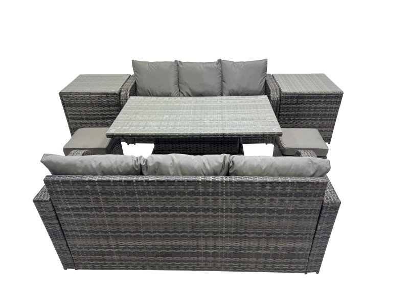 Fimous Rattan Garden Furniture Dining Set 8-seater Patio Height Adjustable Rising Lifting Table Sofa Set with 2 Side Table 2 Small Footstools Dark Grey Mixed