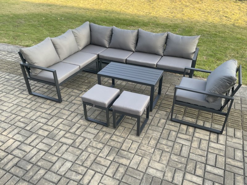 Fimous Aluminium Garden Furniture Set Outdoor Indoor Lounge Corner Sofa Chair Oblong Coffee Table Sets with 2 Small Footstools Dark Grey