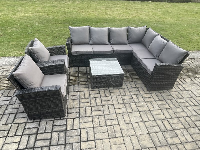 Fimous Rattan Garden Furniture Set Outdoor Lounge Corner Sofa Set With Square Coffee Table 2 Chairs 8 Seater Dark Grey Mixed