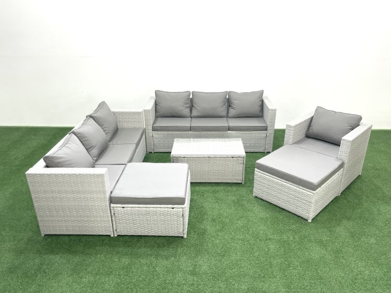 Fimous Wicker PE Rattan Sofa Garden Furniture Set with Armchair Oblong Coffee Table 2 Big Footstools Light Grey Mixed