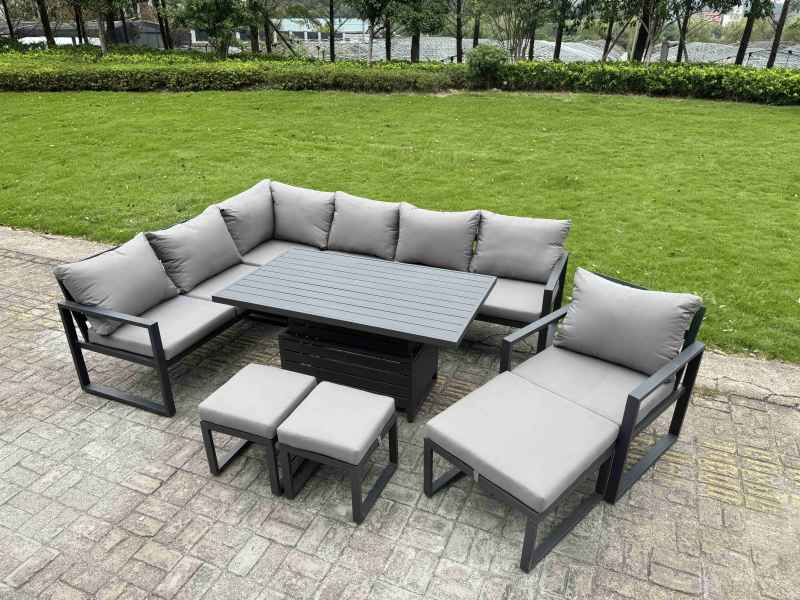 Fimous Aluminium Adjustable Rising Lifting Dining Table Sofa Set 9 Seat Aluminium Garden Furniture Sets with 3 Footstools Dark Grey