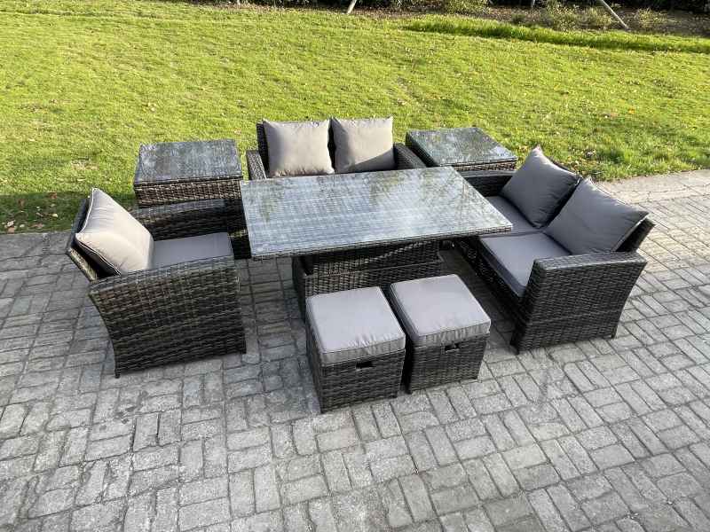 Fimous 7 Seater Outdoor Rattan Patio Furniture Set Garden Height Adjustable Rising Lifting Table Sofa Dining Set with 2 Side Tables 2 Small Footstools Dark Grey Mixed