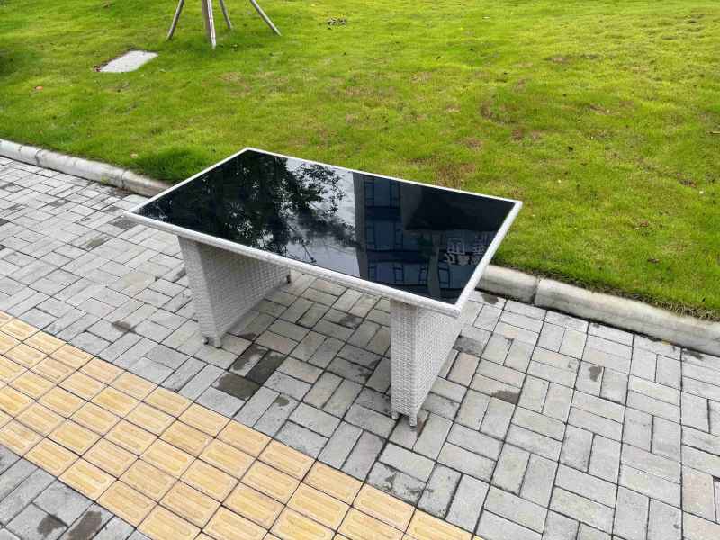 Fimous Light Grey Rattan Outdoor Garden furniture Set Black Tempered Glass Dining Table and 6 Chairs Set with Seat Cushion