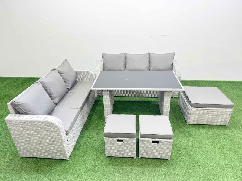 Fimous 9 Seater Rattan Outdoor Dining Table 3 Seater Sofa Set with 3 Stools Light Grey