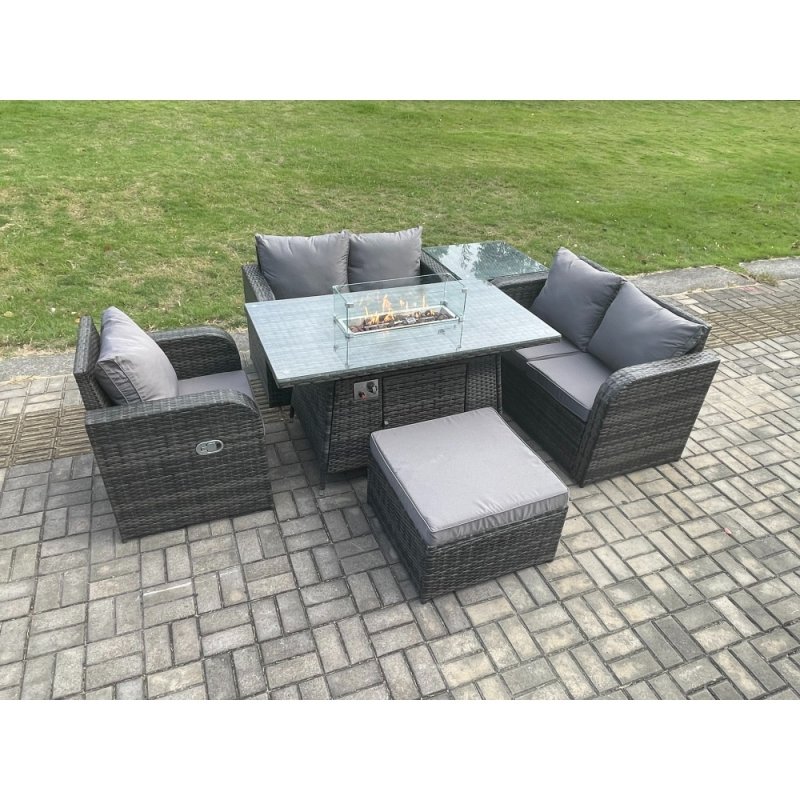 Fimous Patio Rattan Garden Furniture Set with Gas Fire Pit Dining Table,Big Footstool and Side Table Indoor Outdoor 6 piece Love Sofa set
