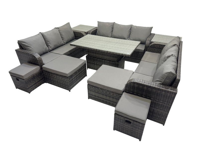 Fimous Rattan Garden Furniture Dining Set 13-seater Patio Height Adjustable Rising Lifting Table Sofa Set with 2 Side Tables Dark Grey Mixed