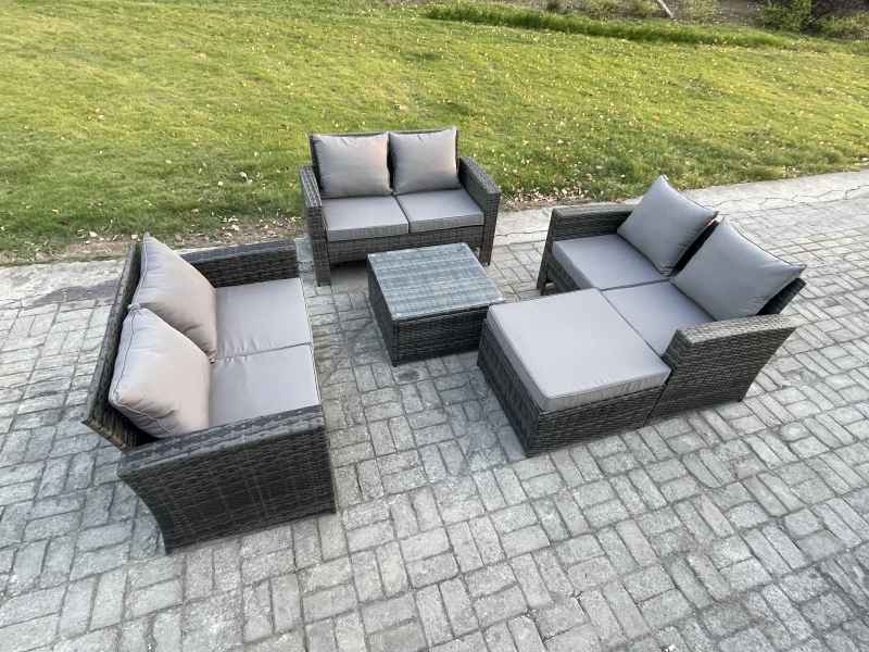 Fimous 7 Seater Rattan Wicker Garden Furniture Patio Conservatory Sofa Set with Square Coffee Table Double Seat Sofa Big Footstool