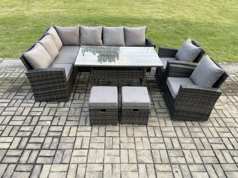 Fimous 10 Seater Garden Rattan Furniture Corner Dining Set with 2 Small Footstools Armchair Indoor Outdoor Lounge Sofa Set Dark Grey Mixed