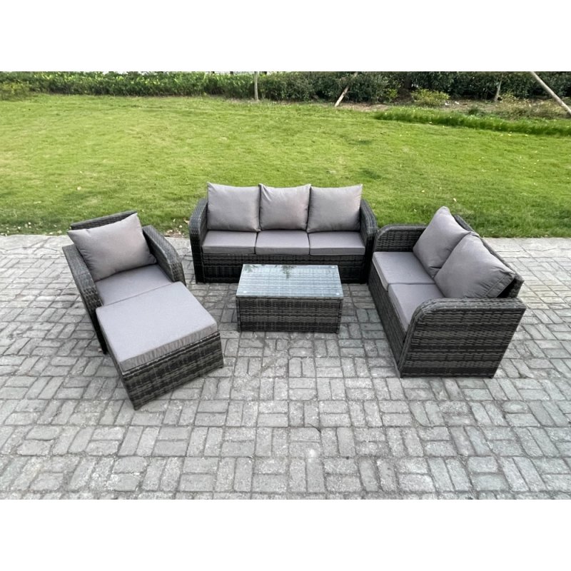 Fimous Patio Garden Furniture Sets Wicker 7 Seater Outdoor Rattan Furniture Sofa Sets with Rectangular Coffee Table Reclining Chair Loveseat Sofa 3 Seater Sofa Big Footstool