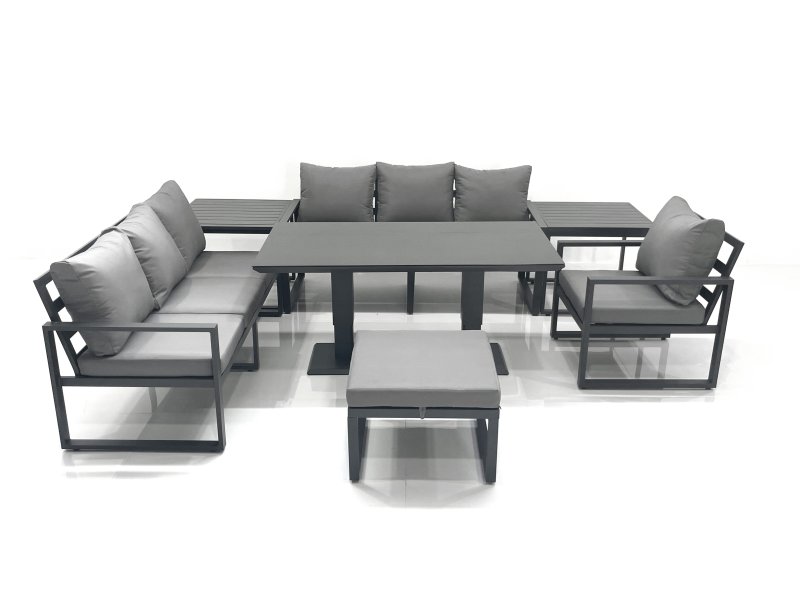 Fimous Outdoor Garden Furniture Set Aluminium Lounge Sofa Adjustable Rising Lifting Dining Table Sets with Big Footstool 2 Side Tables Dark Grey