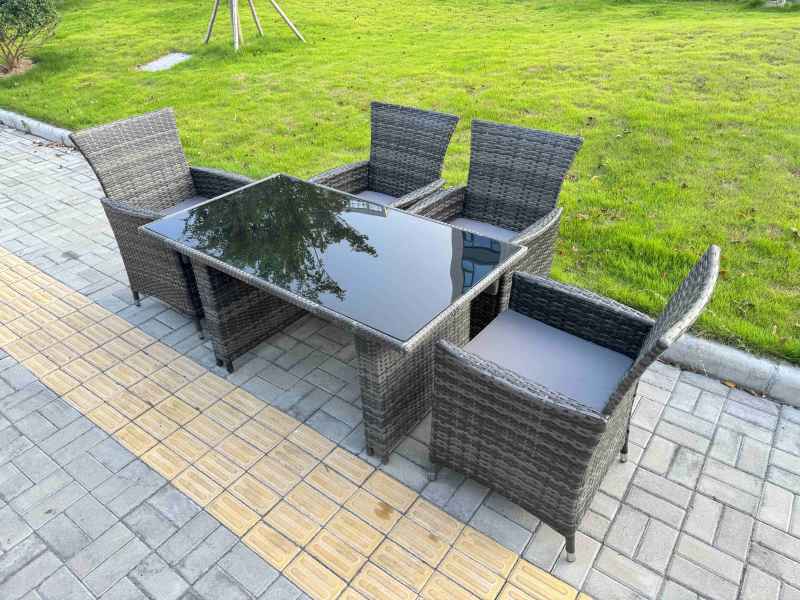Fimous Rattan Garden Furniture Dining Set 4-seater Patio Black Glass Table Chairs Outdoor Dark Grey Mixed