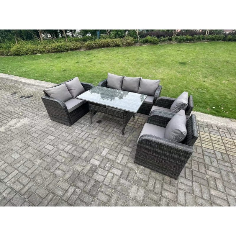 Fimous 7 Seater Dark Grey PE Wicker Rattan Garden Furniture Set Reclining Chair Love Seat 3 Seater Sofa Set Outdoor Rectangular Dining Table