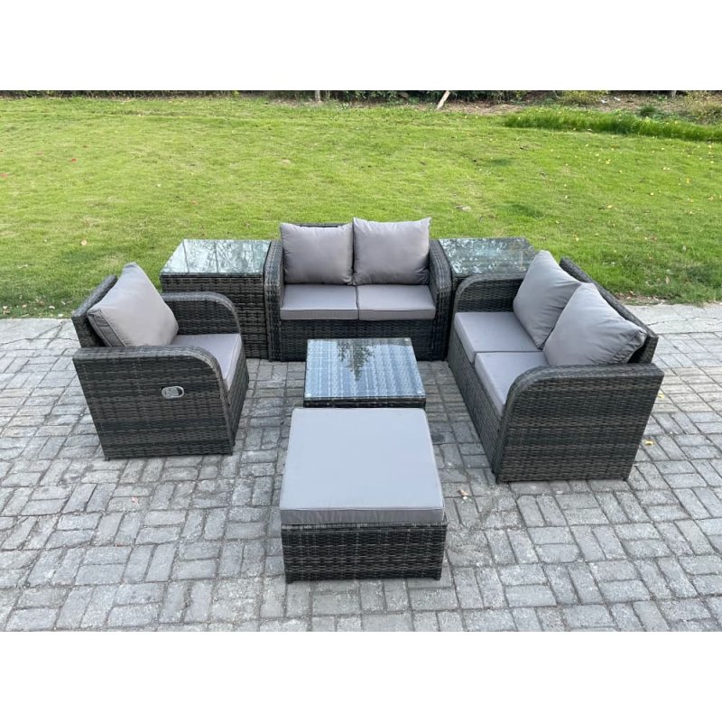 Fimous 7 Piece Garden Furniture Sets 6 Seater Outdoor Patio Furniture Set Weaving Wicker Rattan Sofa Chair and Table with 2 Side Tables Big Footstool