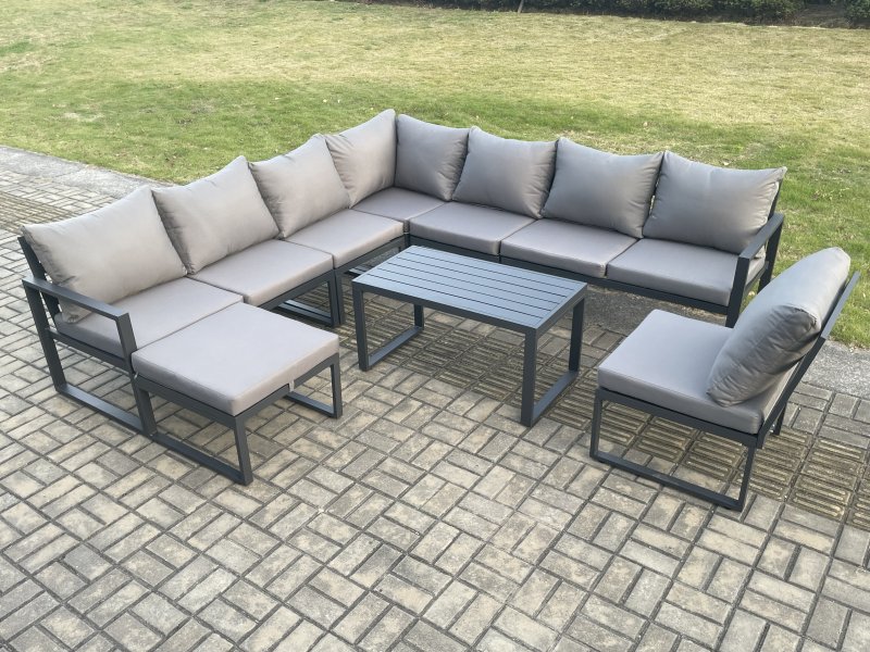 Fimous Aluminium 9 Seater Patio Outdoor Garden Furniture Lounge Corner Sofa Set with Oblong Coffee Table Big Footstool Dark Grey
