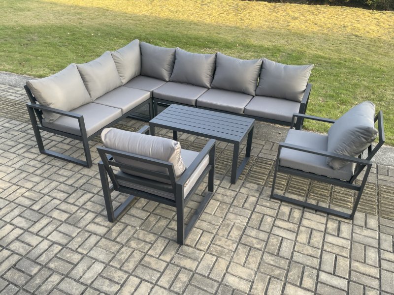 Fimous Aluminium Garden Furniture Set Outdoor Indoor Lounge Corner Sofa 2 Pcs Chair Oblong Coffee Table Sets Dark Grey 8 Seater