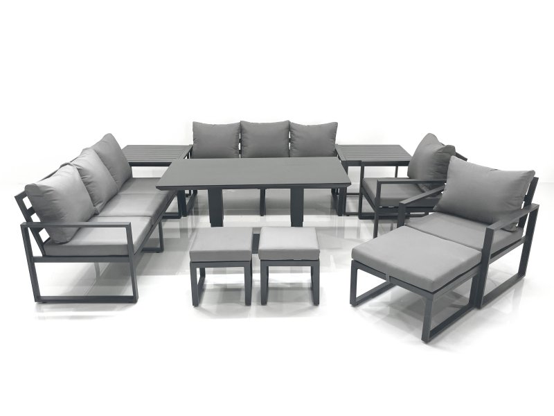 Fimous Garden Sofa Set Aluminium Furniture Rising Dining Tabe Set with 2 Chair 3 Footstools 2 Side Tables Dark Grey