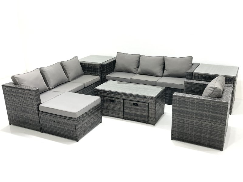 Fimous Outdoor Garden Furniture Set 10 Seater Rattan Sofa Set with Coffee Table 3 Footstools Armchair 2 Side Tables Dark Grey Mixed