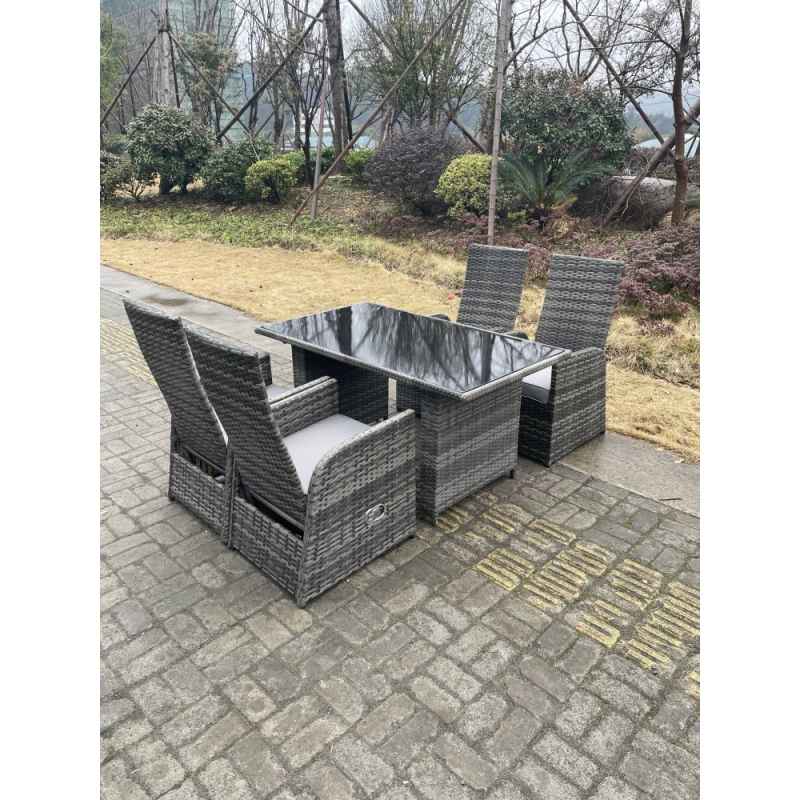 Fimous Dark Grey Mixed Outdoor PE Wicker Rattan Garden Furniture Reclining Chair And Table Dining Sets 4 Seater Rectangular Black Tempered Table