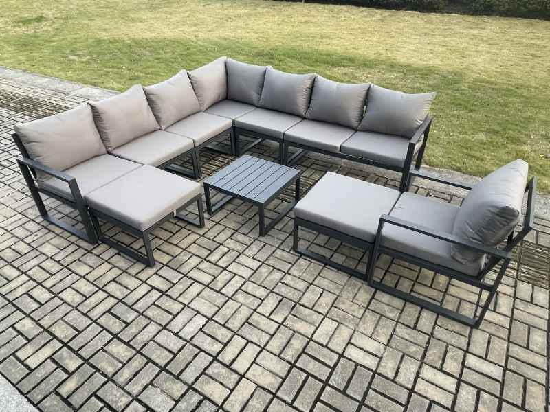 Fimous Aluminium Outdoor Garden Furniture Set Lounge Corner Sofa Chair Square Coffee Table Sets with 2 Big Footstools Dark Grey