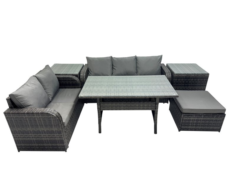 Fimous 6 Seat Outdoor Wicker PE Rattan Garden Furniture Set Dining Table Sofa Sets with Big Stool 2 Side Tables Dark Grey Mixed