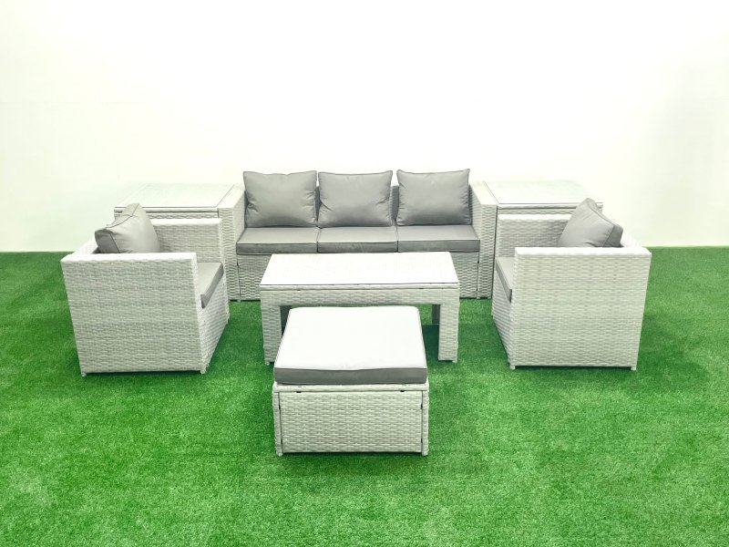 Fimous Rattan Garden Furniture Set 7 Pieces Outdoor Garden Sofa Oblong Coffee Table Set with 2 Chairs 2 Side Tabes Stool Light Grey Mixed