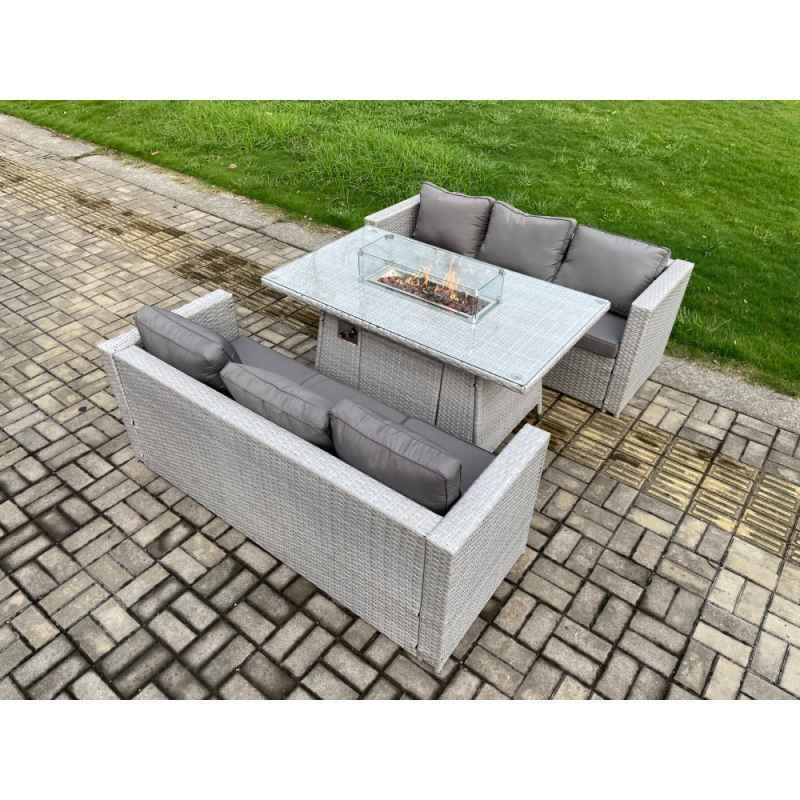 Fimous Outdoor Garden Dining Sets Rattan Furniture Gas Fire Pit Dining Table Gas Heater Light Grey