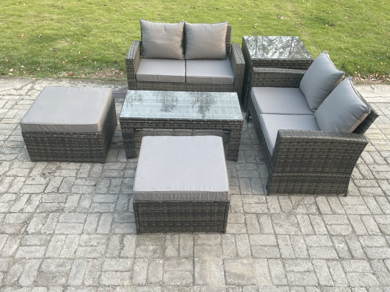 Fimous High Back Rattan Garden Furniture Sofa Sets with Rectangular Coffee Table Side Table 2 Big Footstool Dark Grey Mixed