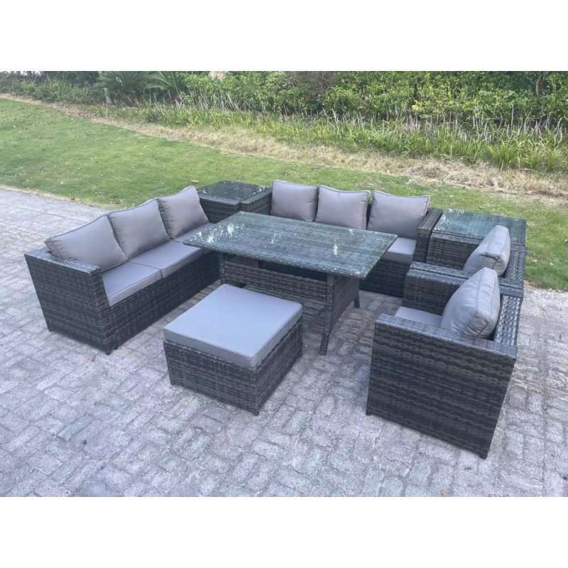 Fimous 9 Seater Outdoor Wicker Garden Furniture Rattan Lounge Sofa Set Patio Rectangular Dining Table with 2 Armchair 2 Side Table Stool Dark Grey Mixed