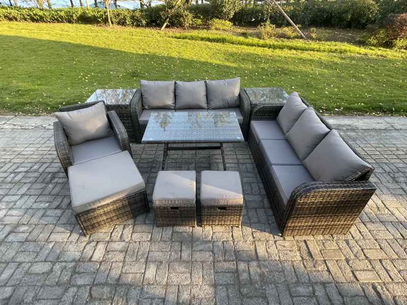 Fimous Wicker 9 Pieces Rattan Garden Furniture Sofa Set with Rectangular Dining Table Armchair 3 Footstools 2 Side Tables Dark Grey Mixed