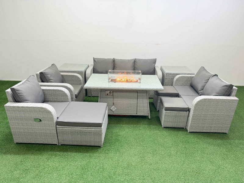 Fimous PE Rattan Garden Furniture Set Reclining Chair Sofa Double Love Seat 2 Seater Sofa Lounge Set Firepit Dining Table 3 Stools 2 Side Table Light Grey