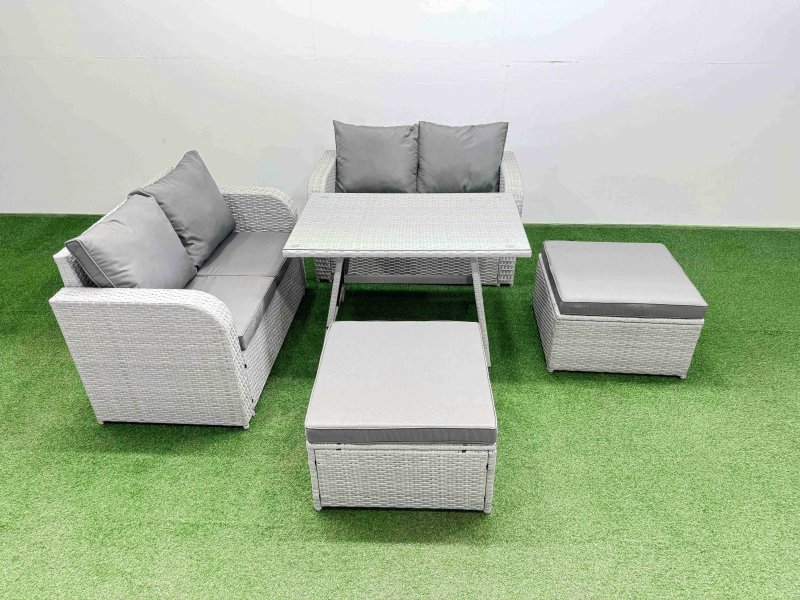 Fimous 6 Seater Outdoor Love Sofa Set Rattan Garden Furniture Set with Rectangular Dining Table 2 Big Footstool Light Grey