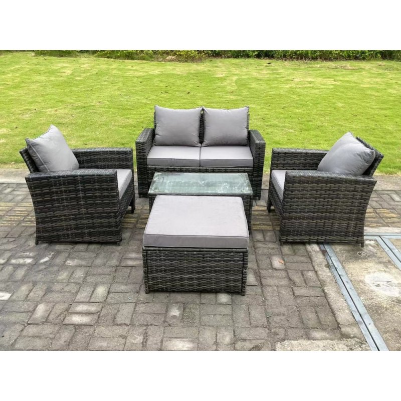 Fimous 5 Seater Dark Grey Mixed High Back Rattan Sofa Set Rectangular Coffee Table Garden Furniture Outdoor Patio