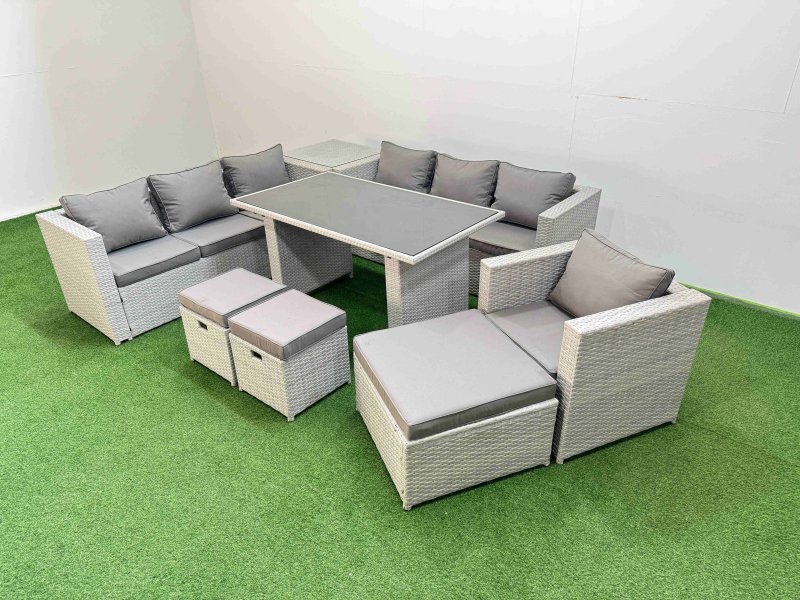 Fimous Patio Garden Furniture Sets with Black Glass Top Dining Table 3 Seater Sofa Armchair Side Table 3 Stool Light Grey