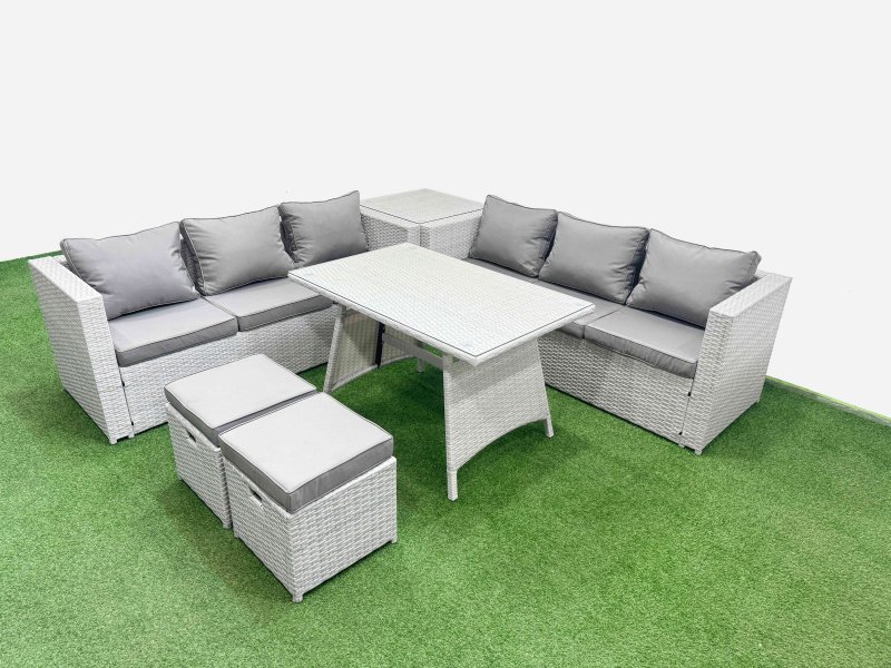 Fimous Rattan Garden Furniture Dining Set 8-seater Patio Rectangular Table 3 Seater Sofa Set with Side Table 2 Small Stools Light Grey