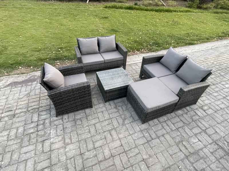 Fimous Outdoor Rattan Garden Furniture Set Conservatory Patio Sofa Coffee Table Set with Chair Big Footstool Dark Grey Mixed