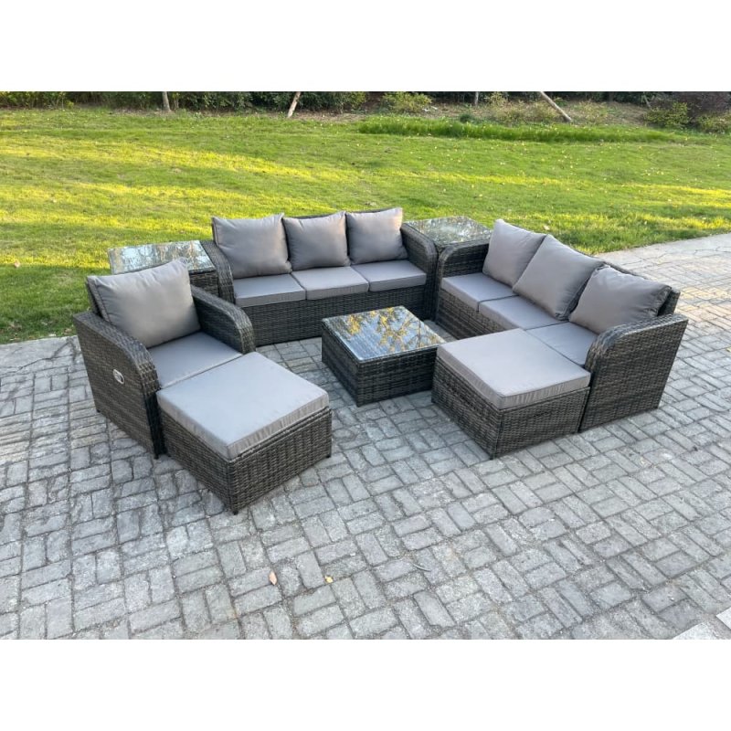 Fimous 9 Seater Outdoor Rattan Garden Furniture Set Conservatory Patio Sofa Coffee Table With Reclining Chair 2 Big Footstool 2 Side Tables Dark Grey Mixed