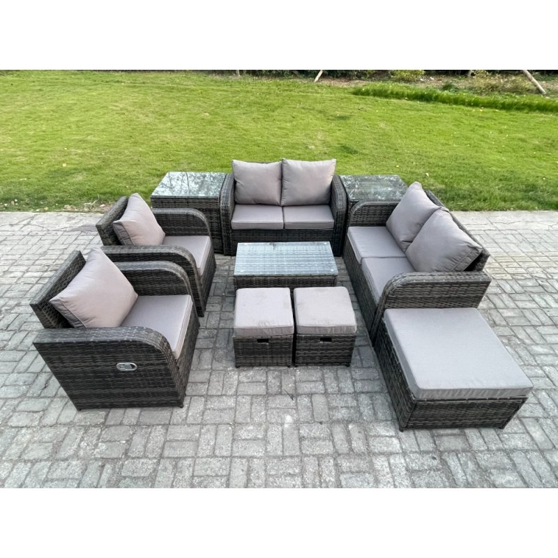 Fimous 9 Seater Rattan Garden Furniture Set Patio Outdoor Lounge Sofa Set with Rectangular Coffee Table 3 Footstools Love Sofa 2 Side Tables Dark Grey Mixed