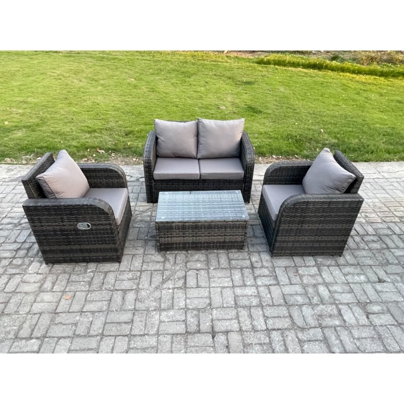 Fimous 4 PC Outdoor PE Rattan Garden Furniture Set Wicker Love Sofa Coffee Table 2 Armchair Dark Grey Mixed